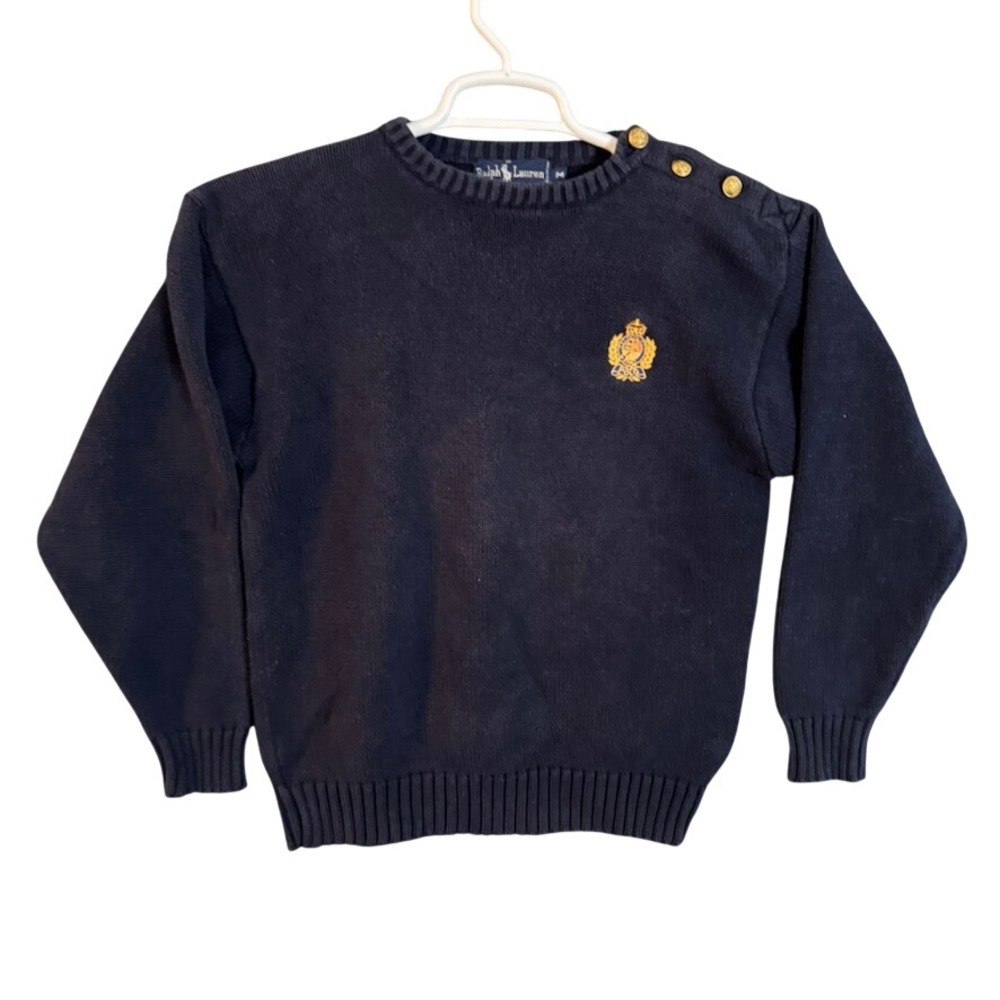 Ralph Lauren Navy Blue Cotton Crest Knit Sweater Button Shoulder Women Medium